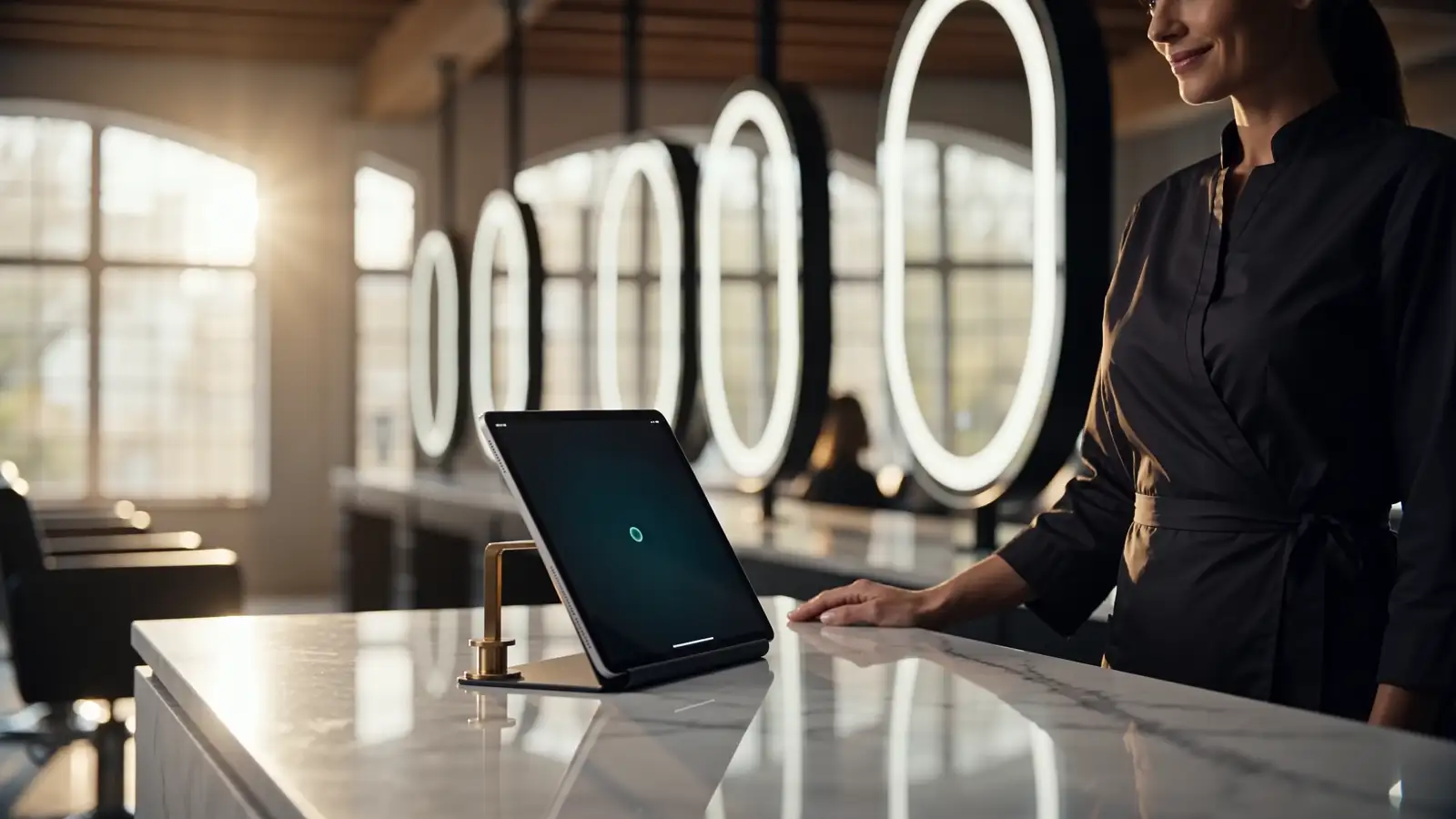 A stylist at a marble reception counter speaking to the assistant on a tablet