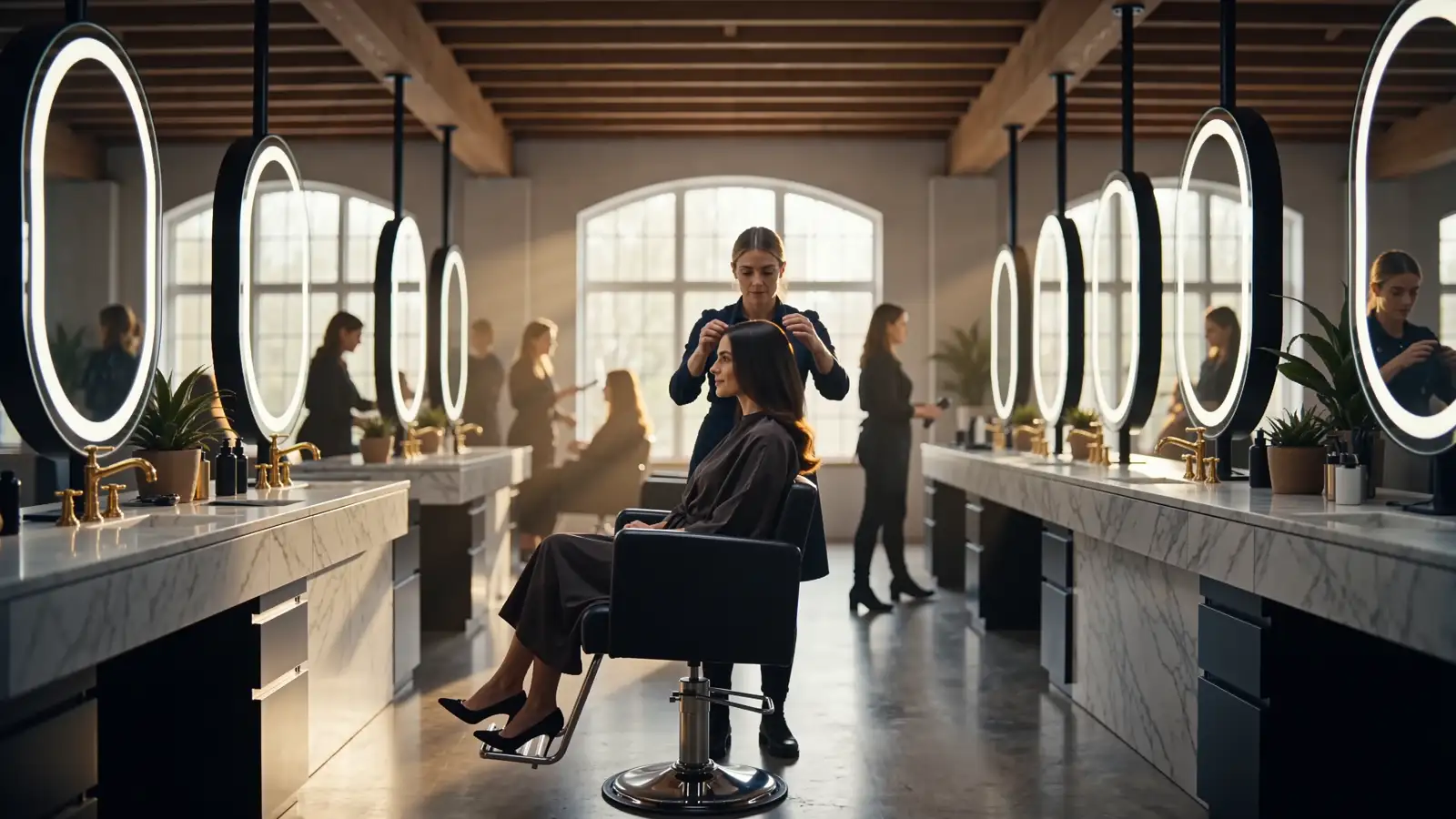 A busy London salon in golden afternoon light, a stylist at work