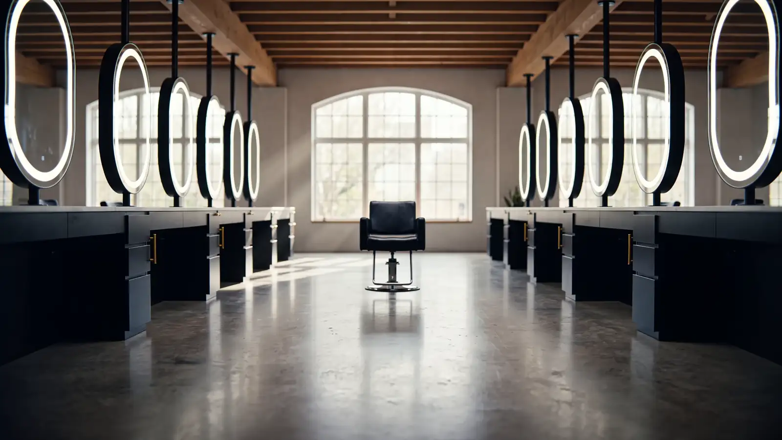 An empty salon chair in a London salon, morning light